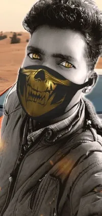 This phone live wallpaper showcases a man wearing a face mask next to a sports car in the desert