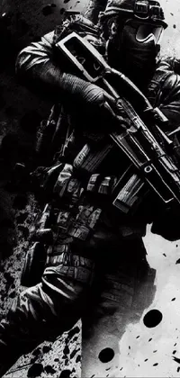 This phone wallpaper showcases a black and white poster-style image of a soldier holding a rifle in a Call of Duty: Ghosts theme