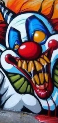 This live phone wallpaper features a spooky clown graffiti on a building