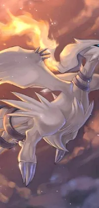 This live wallpaper features an art deco-styled white dragon against a cloudy sky, while white steam flows along the sides