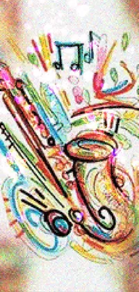 This phone live wallpaper features a delightful drawing of a saxophone with colorful musical notes flowing from it