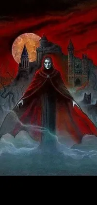 Looking for a mesmerizing live wallpaper for your phone? Look no further than this stunning depiction of a powerful vampire standing in front of an eerie castle