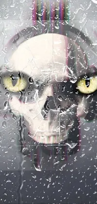 This phone live wallpaper features a close-up of a skull wearing headphones set against a broken-glass backdrop