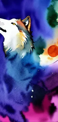 This phone live wallpaper features a stunning painting of a fiery wolf howling at the moon, set against a colorful watercolor background