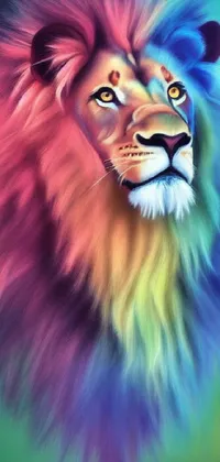 This vibrant phone wallpaper features a detailed airbrush painting of a lion