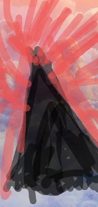 This phone live wallpaper features a man standing in the clouds with a long black cape, a red dress, and a witch hat