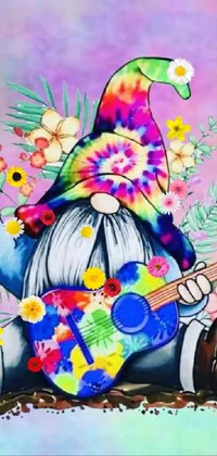 Decorate your phone with this vibrant live wallpaper featuring a whimsical painting of a gnome playing guitar