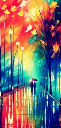 Immerse yourself in a stunning and colorful live wallpaper that showcases a stylish painting of a couple walking in the rain with an umbrella