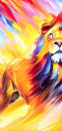 This live phone wallpaper features a stunning airbrush painting of a lion set against a colorful background