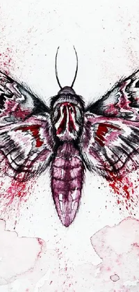 This live phone wallpaper features a haunting modern European ink painting of a butterfly and blood splatters, in striking fuschia and marbled colors