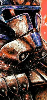 This live wallpaper for your phone features a close-up of a helmet in a digitized style reminiscent of iconic sci-fi art