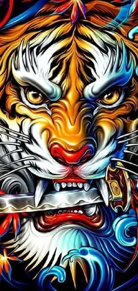 This exciting live wallpaper features a highly detailed image of a fierce tiger holding a knife in its mouth