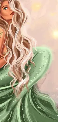 Experience a mesmerizing underwater world on your phone with this enchanting live wallpaper! This digital artwork showcases a beautiful blonde-haired mermaid in a delightful Disney art style