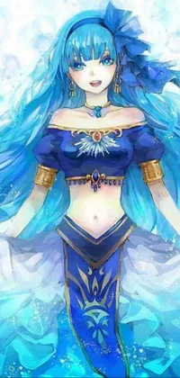This phone live wallpaper offers a stunningly beautiful scene of an anime crystal maiden, with long blue hair, standing in shallow blue water