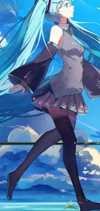 This live wallpaper features a stunning blue-haired woman walking across a bridge in an anime drawing that is currently trending on the art-sharing site, Pixiv