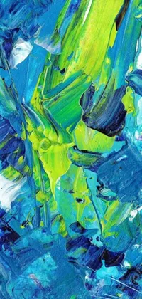 This live phone wallpaper features a stunning acrylic painting of blue and green tones in an abstract expressionist style