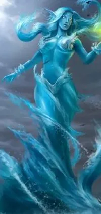 This stunning phone live wallpaper showcases a beautiful scene, featuring a fantasy art depiction of a woman standing gracefully on top of a calm body of water