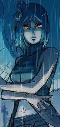This phone live wallpaper showcases a stunning cyberpunk art with a young harpy-girl in the rain holding an umbrella