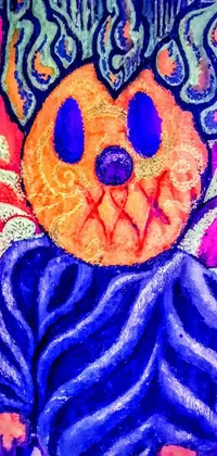 This live mobile wallpaper features a vibrant drawing of a pumpkin in a unique Louis Wain psychedelic art style, inspired by synthwave art