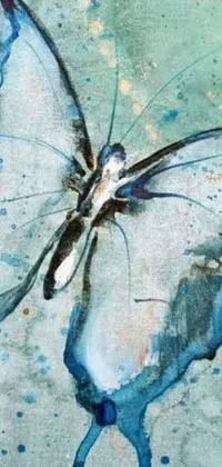 This phone live wallpaper displays a painting of a butterfly in aquamarine color, set against a pale background with organic and elegant forms