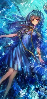 This live wallpaper features a stunning anime design in which a girl in a blue dress floats among swirling waters