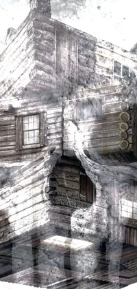 This stunning black and white phone live wallpaper features a wooden building with face illustrations, abstract translucent greebles, and heavenly background