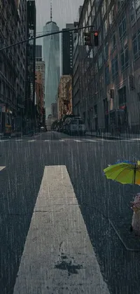 This stunning phone live wallpaper features a realistic elephant walking with an umbrella in a tropical and dystopic city during a heavy rainfall