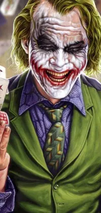 This live phone wallpaper features a vibrant painting of the infamous joker holding playing cards, with bold colors and dynamic lines