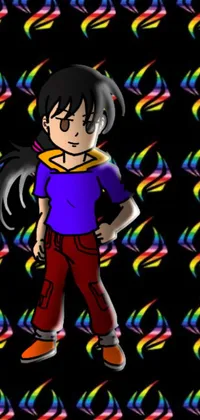 Introducing a vibrant phone live wallpaper featuring a girl in a purple shirt and red pants, standing against a fiery background