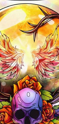 This phone live wallpaper features a highly-detailed digital drawing of a skull with wings and roses set against a backdrop of heavenly colors