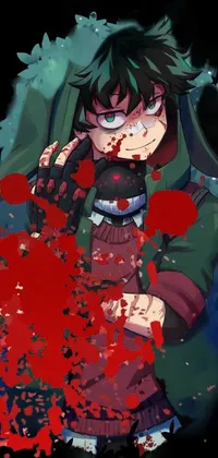 This live phone wallpaper depicts a close up of a person wearing a hoodie who seems to have been in a fight, evidenced by the blood on their fist
