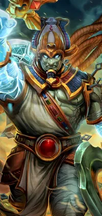 This phone live wallpaper showcases a fierce warrior brandishing a sword, portrayed in the style of Sots Art, inspired by Egyptian pharaohs and the Blizzard Warcraft card game