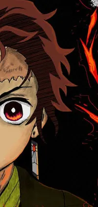 This live phone wallpaper depicts an anime drawing with red eyes and curly hair, inspired by auto-destructive art style