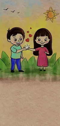 This phone live wallpaper features a charming color pencil sketch of a boy giving a flower to a girl