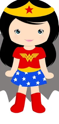 This live wallpaper showcases a cartoon girl styled as Wonder Woman, donning a vibrant super hero costume in shades of red, blue, and gold