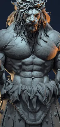 This amazing phone live wallpaper features a close-up of a stunning statue of a muscular werewolf-like figure with a lion's head, in a powerful and dynamic pose