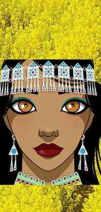 This live phone wallpaper showcases a woman wearing a stunning headdress in a field of golden flowers, with a graphic novel-inspired and tribal feel