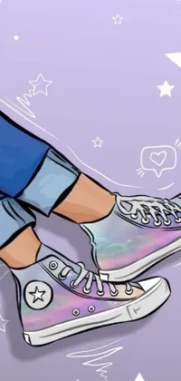 This live phone wallpaper features an iridescent pair of sneakers upon which someone stands in a comic art style illustration