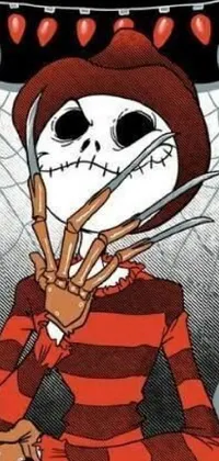 This phone live wallpaper features a vector art drawing of a skeleton holding scissors with a red facial stripe and red and black costume
