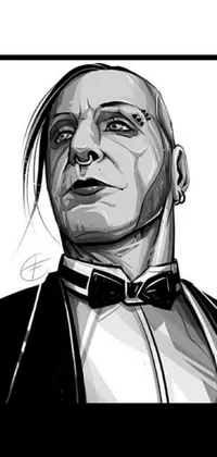 This live phone wallpaper is an edgy black and white drawing of a man wearing a tuxedo with tattoos, piercings, and cool accessories