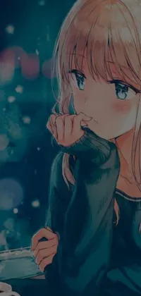 This anime-themed phone wallpaper depicts a beautiful blonde girl seated at a table holding a cup of coffee