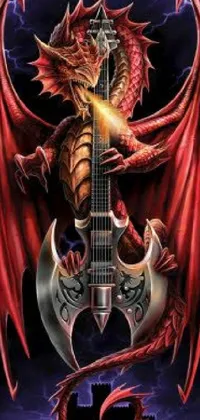 This phone live wallpaper features a striking image of a red dragon perched on a guitar