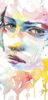 This phone live wallpaper features a stunning watercolor painting of a woman's face, full of vibrant colors and intricate details