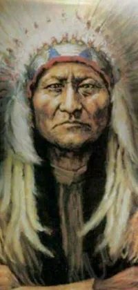 This phone live wallpaper features a vibrant painting of a man wearing an Indian headdress in closeup