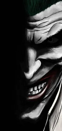 This phone wallpaper features an incredible digital art drawing of a notorious joker with vivid green hair
