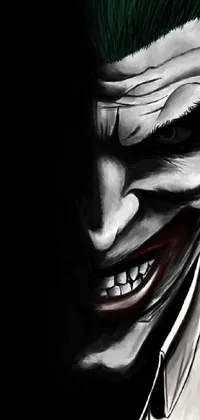This live wallpaper features a sketch of a grinning joker with green hair set against a black and white background, with an angry batman looming in the background