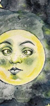 This phone live wallpaper features a stunning watercolor painting of a yellowish full moon with a face, surrounded by twinkling stars