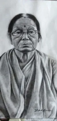 This phone live wallpaper features a hyperrealistic drawing of a wise elderly woman wearing glasses and a scarf