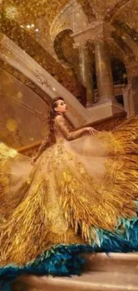 This live wallpaper for your phone features a woman in a luxurious yellow and blue dress with intricate baroque details
