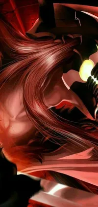 This phone live wallpaper features stunning digital art depicting a person with long hair wearing red demon armor in the iconic manga style famously seen in the series Bleach